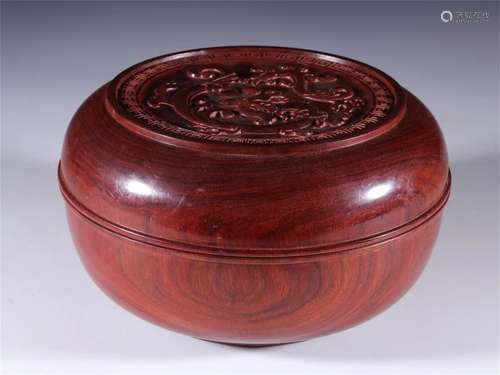 A Chinese Zitan Wood Lidded Container with Dragon