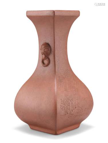 A CHINESE YIXING VASE, of four-sided bottle form, moulded wi...