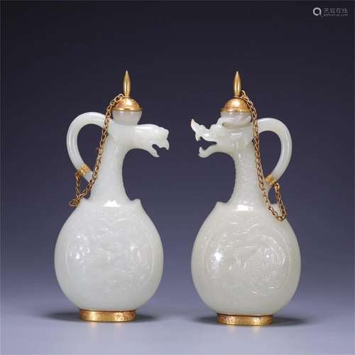 Pair of Chinese Jade Teapots with Dragon and Phoenix