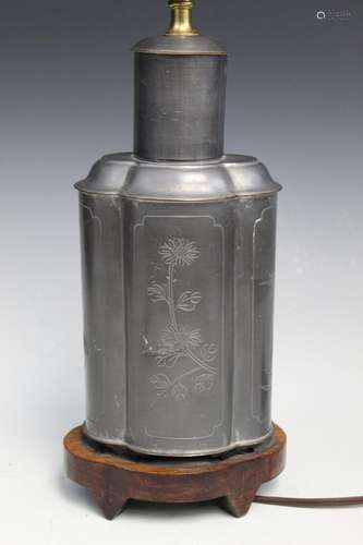 Chinese Pewter Tea Caddy Lamp