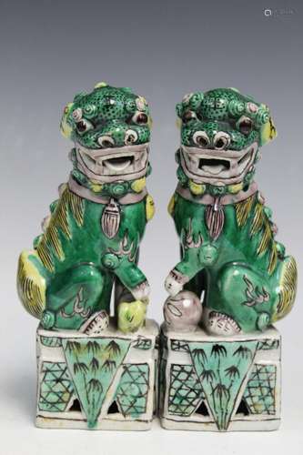 Pair of Chinese Sancai Porcelain Foo Dogs