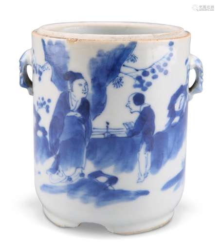 A CHINESE BLUE AND WHITE PORCELAIN CYLINDRICAL JAR, with dec...