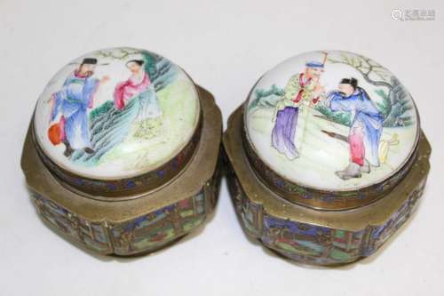 Two Chinese Enameled Metal Boxes with Porcelain Lids.