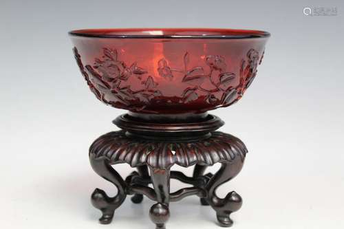 Chinese Red Peking Glass Bowl on Wood Stand. Qing dynasty.