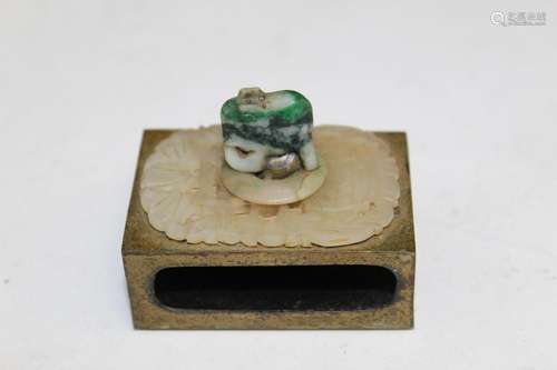 Chinese Matchbox with Carved Jade Piece on Top.