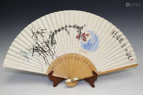 Chinese Watercolor and Ink Fan Painting.