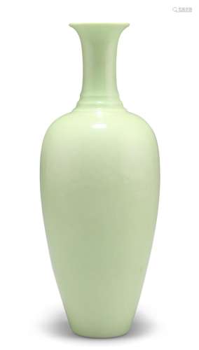 A CHINESE GREEN-GLAZED VASE, the ovoid body with tall steppe...