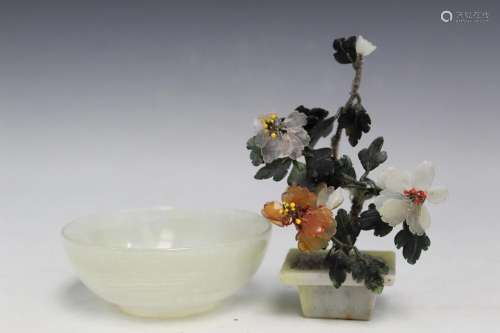 Chinese Miniature Jade Tree and a Carved Stone Bowl