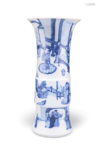 A CHINESE BLUE AND WHITE GU VASE, painted with figures. 25.5...