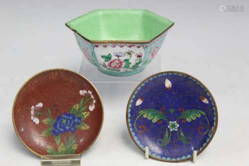 Two Chinese Cloisonne Dishes and a Enameled Bowl.