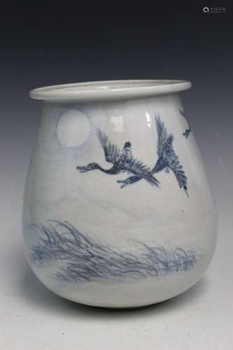 Korean Blue and White Porcelain Jar with Crane Decorations