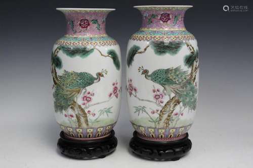 Pair of Chinese Porcelain Vases on Wood Stands