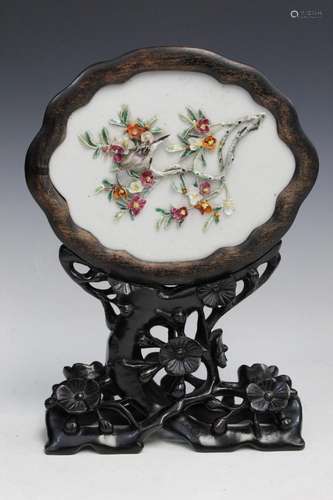 Chinese Porcelain Plaque on Wood Stand