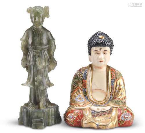 A JAPANESE KYOTO SATSUMA BUDDHA, modelled sitting with hands...