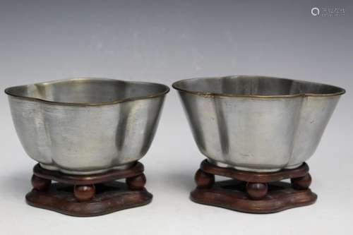 Pair of Chinese Pewter Bowls on Wood Stands