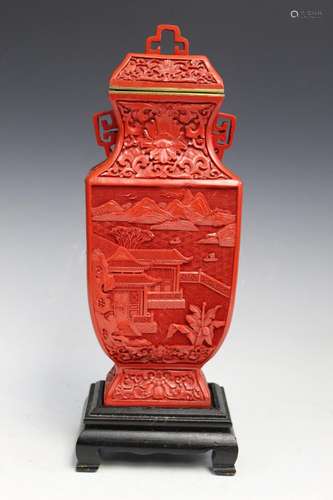 Chinese Cinnabar Vase on Wood Stand