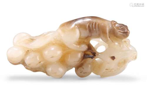 A CHINESE JADE CARVING OF A SQUIRREL AND GRAPES GROUP, depic...