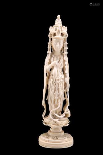 A 19TH CENTURY CHINESE IVORY FIGURE OF GUANYIN, carvedÂ stan...