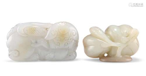 TWO CHINESE JADE CARVINGS, including A BUDDHISTIC LION playi...