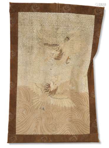 A JAPANESE EMBROIDERED LARGE WALL HANGING, MEIJI PERIOD, dep...
