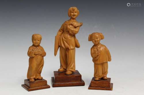 Three Chinese Culture Revolution Carved Wood Figurines