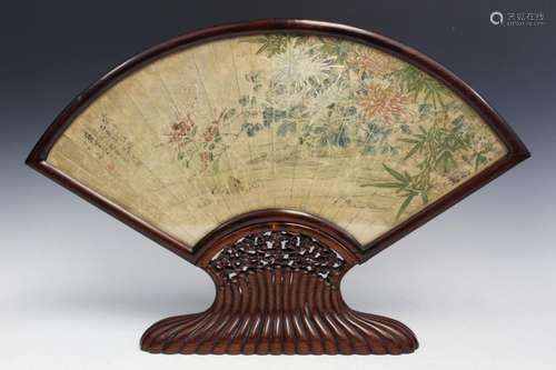 Chinese Watercolor Fan Painting on Wood Stand