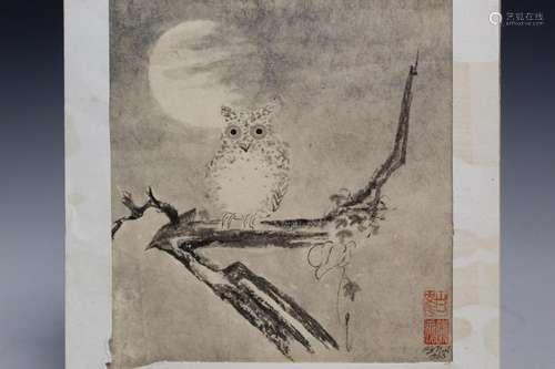 Chinese Ink Painting on Paper of an Owl