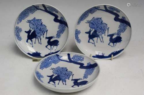 Three Japanese Blue and White Porcelain Dishes