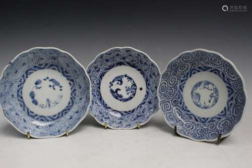 Three Japanese Blue and White Porcelain Bowls