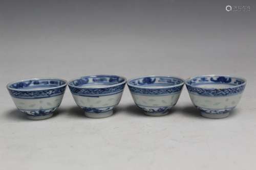 Four Chinese Blue and White Porcelain Wine Cups