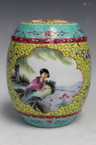 Chinese Famille Rose Barrel Shaped Porcelain Jar