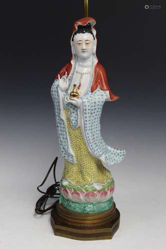 Chinese Porcelain Guanyin Statue Lamp