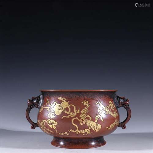 A Chinese Gilt Bronze Incense Burner with Double Ear