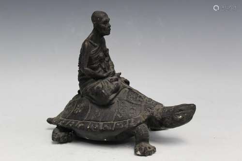 Asian Metal Statue of an Old Man Riding a Turtle