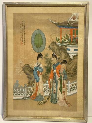 Chinese water color painting on silk, framed.