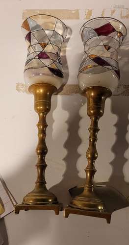 Pair brass and art-glass candle sticks. Apx 10” high