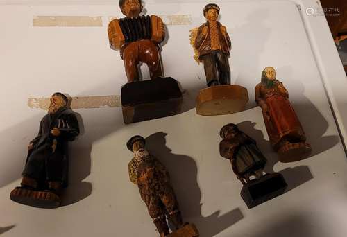 5 Vintage/antique wood and clay figures H apx 4 -9”