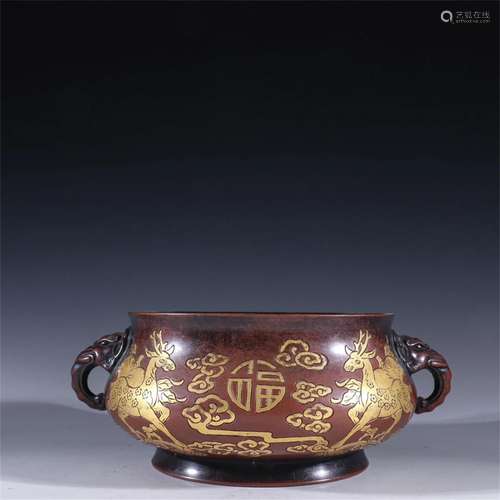 A Chinese Gilt Bronze Incense Burner with Double Ear