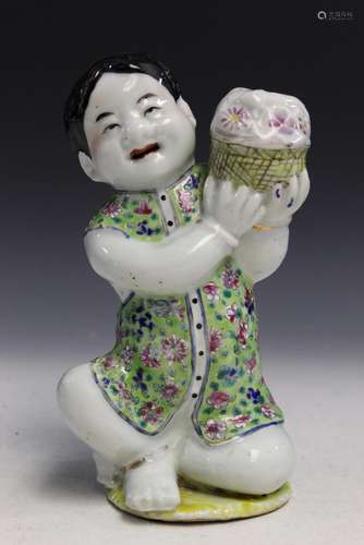 Chinese famille rose porcelain statue of a boy holding