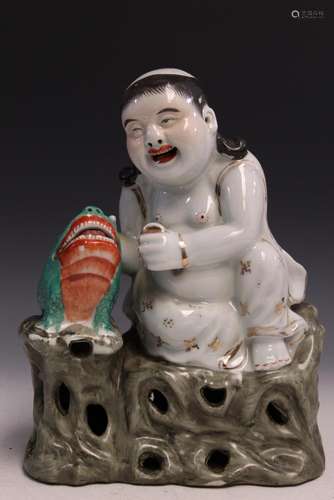 Chinese famille rose porcelain statue of Liuhai with a