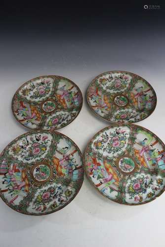 Four Chinese rose medallion porcelain plates.