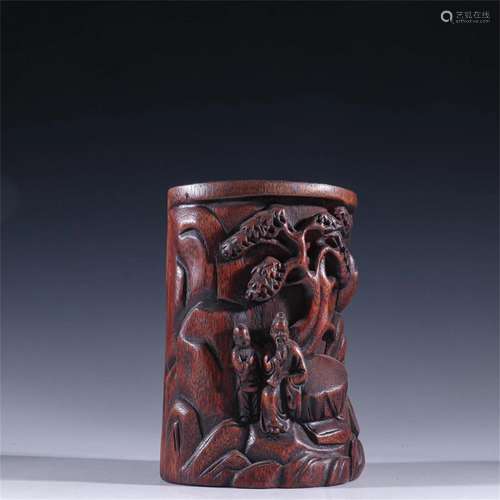 A Chinese Agarwood Figure Patterned Brush Pot