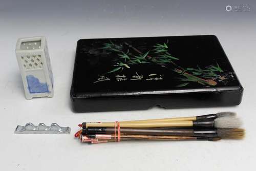 Chinese Brushes, Writing Box and a Porcelain Brush pot.