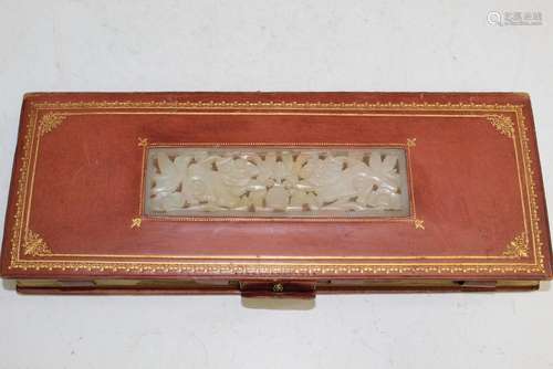 Leather Playing Card Box with a Chinese Carved Jade