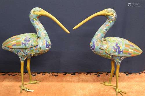 Pair of large Chinese cloisonne birds. 19th Century.