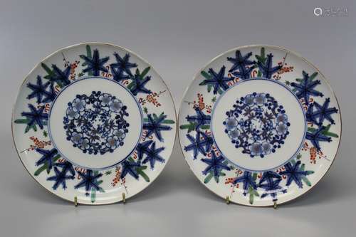 Pair of Japanese hand painted porcelain plates, marked, 19th...