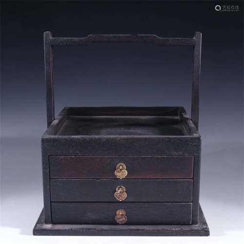 A Chinese Zitan Wood Lidded Box with Handle