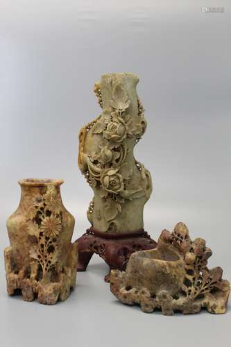 Three Chinese soapstone carvings.