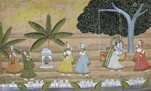 MUGHAL SCHOOL, FIGURES IN A GARDEN, gouache on fabric, frame...