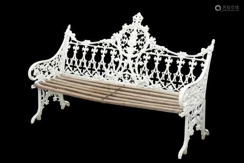 A WHITE PAINTED METAL GARDEN BENCH, IN THE VICTORIAN GOTHIC ...